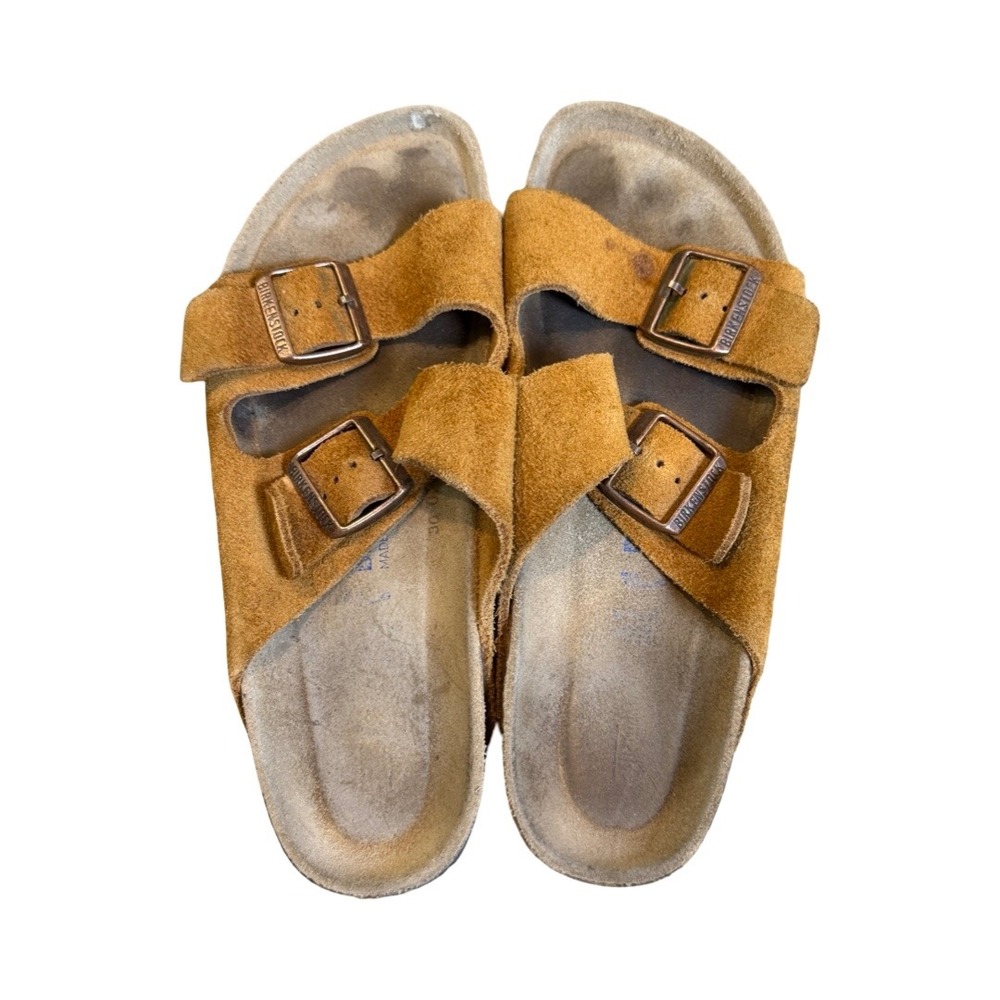 Birkenstock Arizona Suede Leather Sandal Mustard Yellow Two Strap Slides size 40
